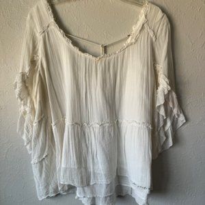 Odd Molly off white ruffled blouse with tie/pom poms down back size 3 (large)